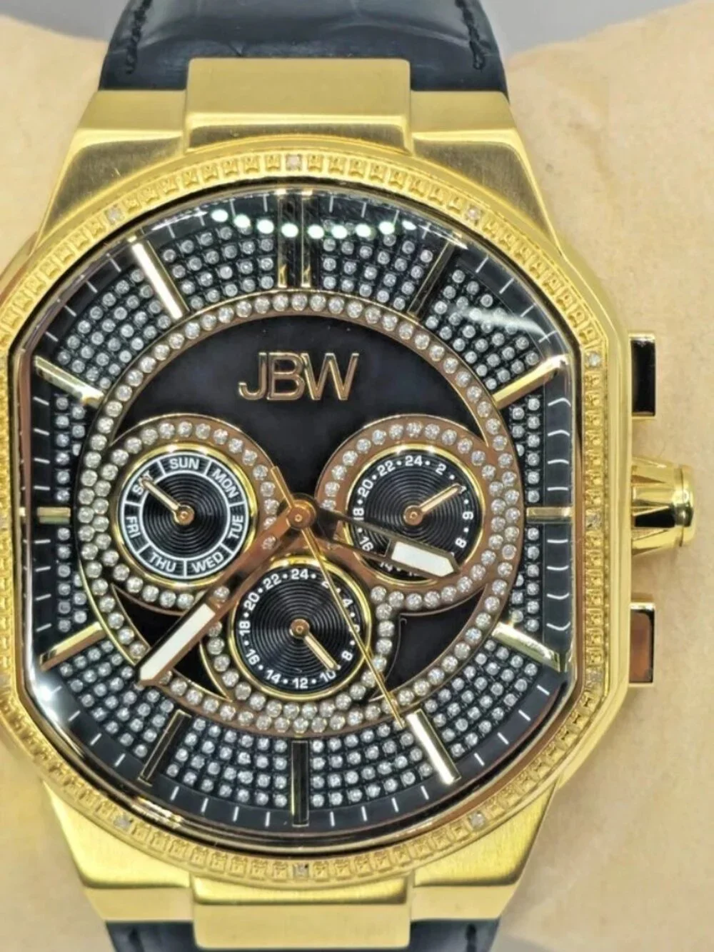 JBW J6342E Mens Gold Tone Chronograph Diamond Bezel Black Leather Watch 44mm
